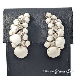 VTG 60s Milk Glass Rhinestone Crescent Ear Climber Silver Tone Clip On Earrings
